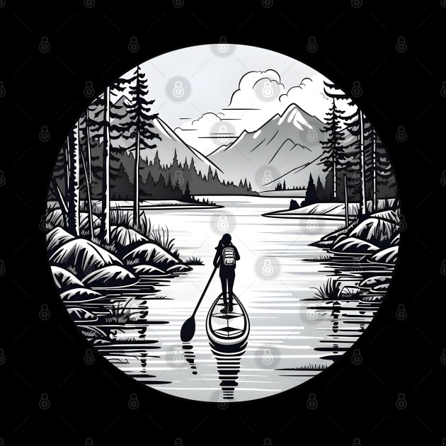 Serene Lake Paddleboarding Adventure Illustration by AIHRGDesign