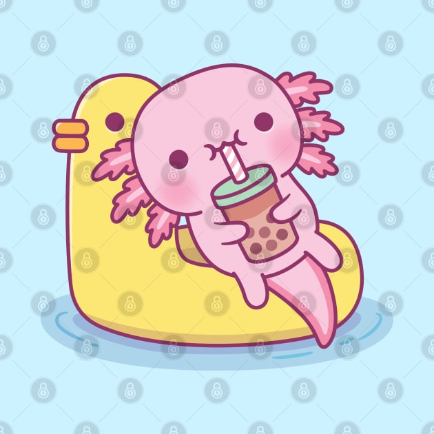Cute Axolotl Chilling On Duck Pool Float Drinking Bubble Tea by rustydoodle