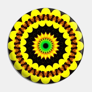 Yellow Floral pattern, seamless kaleidoscope. Circular Flower on black print Pin