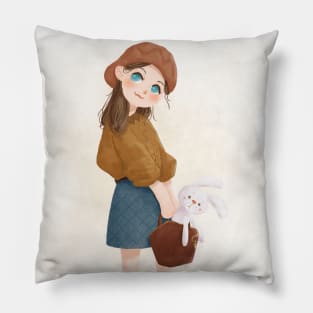 Girl with rabbit in bag Pillow