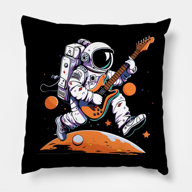 Space Traveller on Distant Planet with Space Guitar Pillow by Graphic Duster