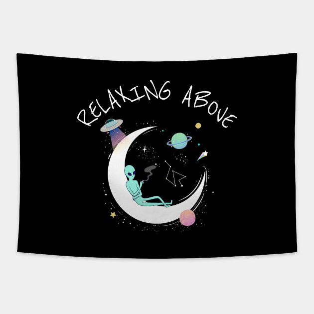 Alien UFO relaxing above Tapestry by Wolf Clothing Co