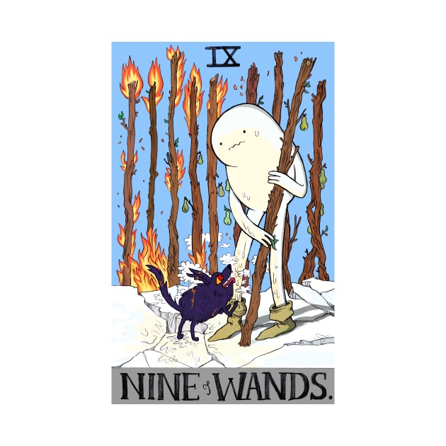 Snow Golem and Fire Wolf Pup 9 of Wands tarot by sadnettles