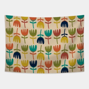 Tulips - Cute Floral Pattern in Midcentury Modern Mustard, Olive, Teal, Orange, Navy Blue and Beige Tapestry