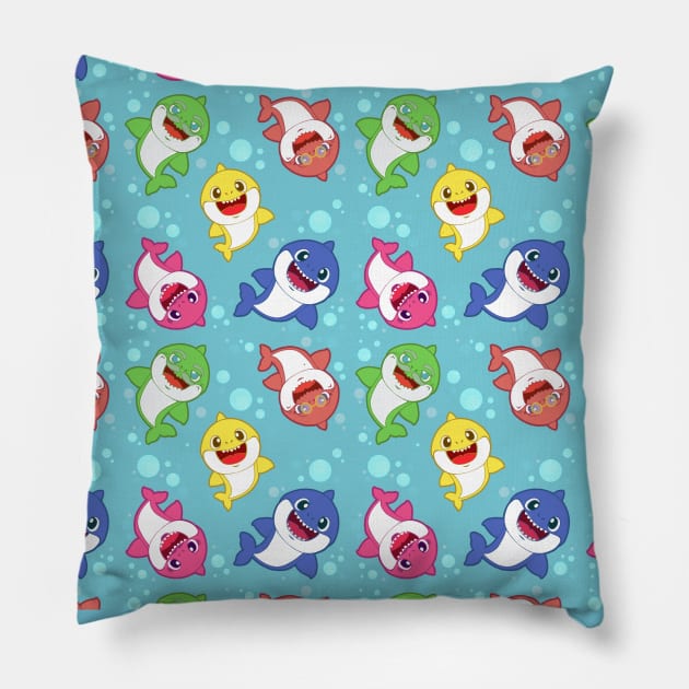 Baby Shark Family - Blue Pattern Pillow by JessySketches