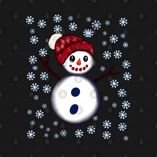 Snowman in festive red winter hat among snowflakes - friendly snowman snug in a snowflake themed scarf by Artonmytee