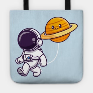 Cute Astronaut Walking With Cute Saturn Planet Cartoon Tote