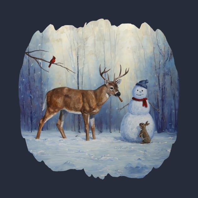 Funny Deer Eating Carrot Nose of Christmas Snowman by csforest