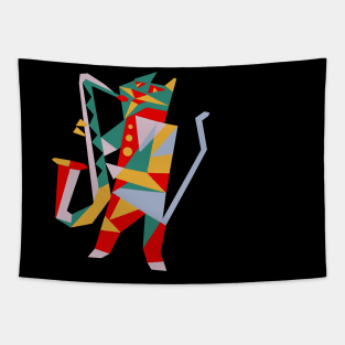 Cat playing saxophone modern cubist style Tapestry