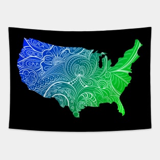 Colorful mandala art map of the United States of America in blue and green Tapestry