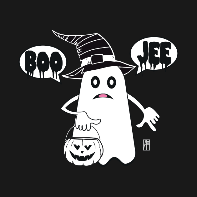 Ghost with pumpkin and hat says BOO JEE - cute Halloween by ArtProjectShop