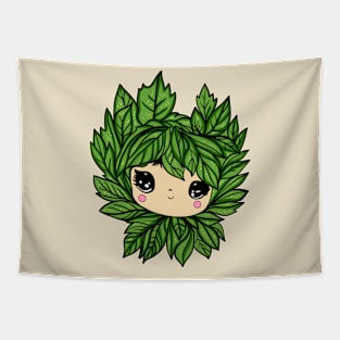 Cute kawaii face with leaves around Tapestry