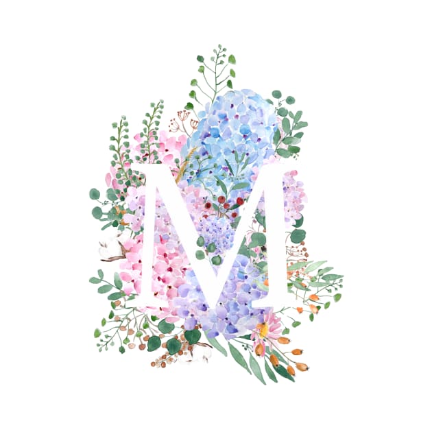 botanical monogram alphabet M hydrangea flowers by colorandcolor