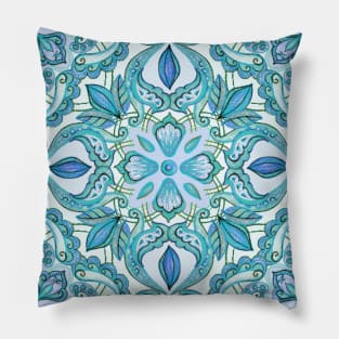 Colored Crayon Floral Pattern in Teal & White Pillow