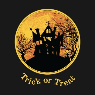 Halloween Moon Trick or Treat Haunted House Black Silhouette T-Shirt