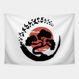 Bonsai Tree in Enso Circle Butterflies Tapestry