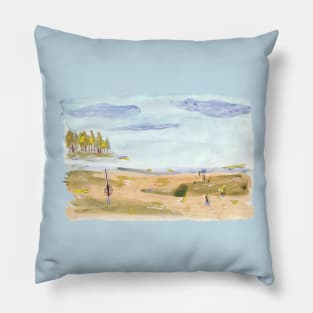 Family on the beach strand at Bjorno Sweden - tan, blue and gold Pillow