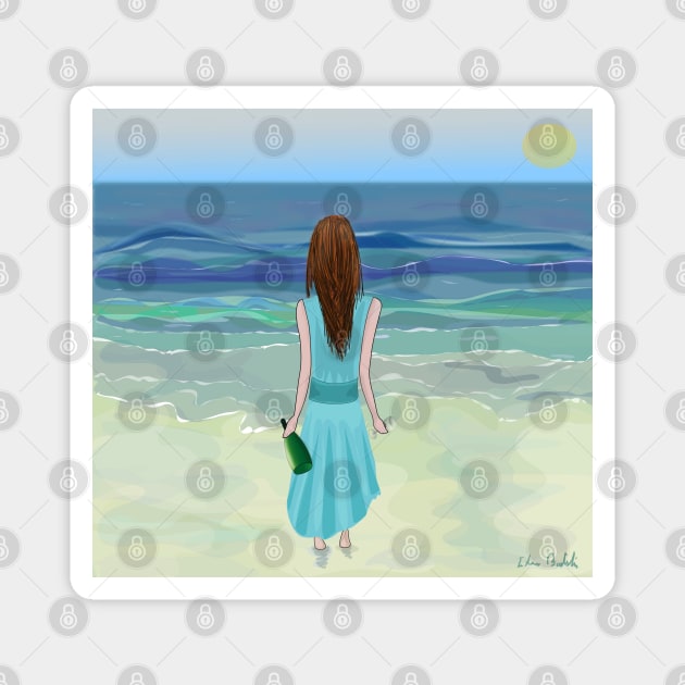 Woman Standing in Front of the Ocean with Bottle of Champagne and a Glass Magnet by ibadishi