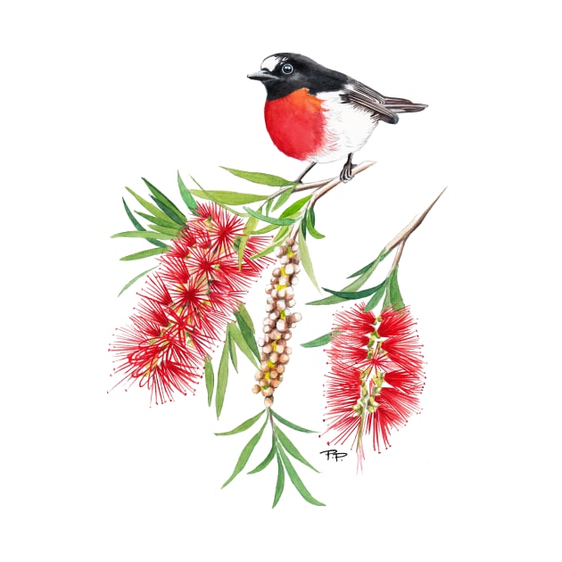 Scarlet Robin on Bottlebrush Flower by PollaPosavec