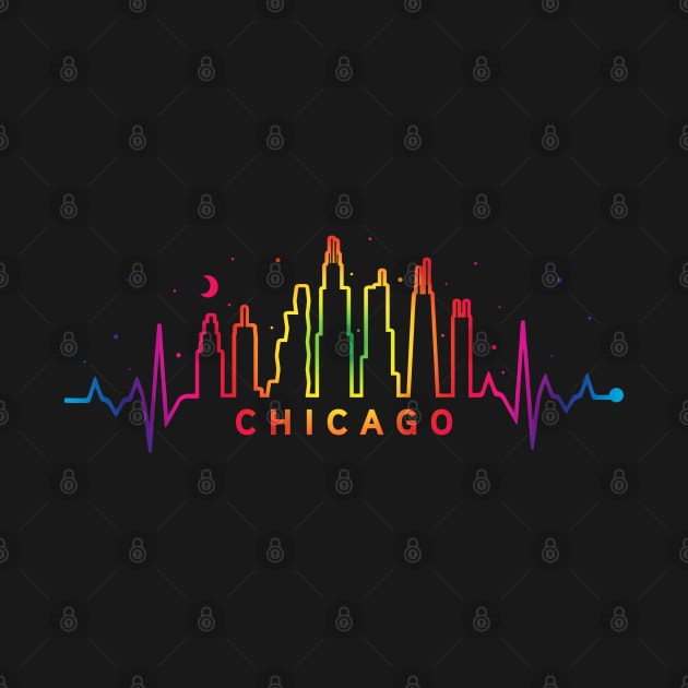 Chicago Pride City Skyline EKG Heartbeat Rainbow Night by TeeCreations