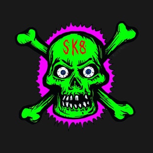 Neon Green Skull and Cross Bones 80s New Wave Style SK8 Skate T-Shirt