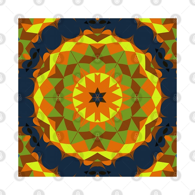 Retro Mandala Flower Orange Yellow Green and Blue by WormholeOrbital