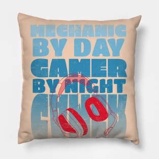 Gaming Quote Mechanic by Day Gamer by night in Blue Text Pillow