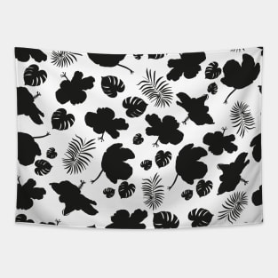 Hand drawn hibiscus, tropical leaves black and white pattern Tapestry