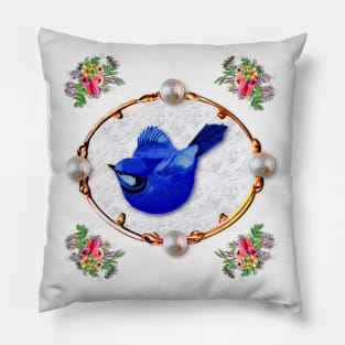 Silver Pearl, Framed, Superb Blue Fairy Wren on Silver Marble Backdrop Pillow