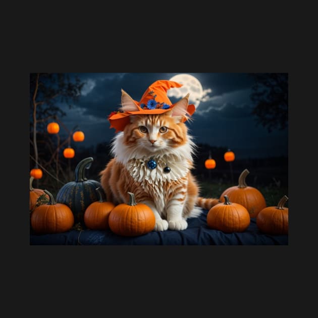 Lovely white and orange witch cat on Halloween night by Love of animals