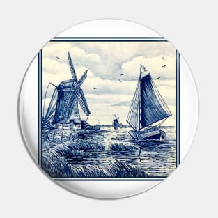 Dutch Blue Delft Windmills and Sailboat Pin