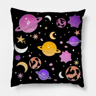 Space Pattern, solar system, cute, planets, stars, moon, galaxy, Pastel Pillow