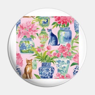 Cats and chinoiserie jars on baby pink watercolor painting Pin