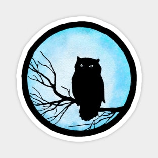 Scary Vintage Owl and Silver Blue Watercolor Moon Magnet