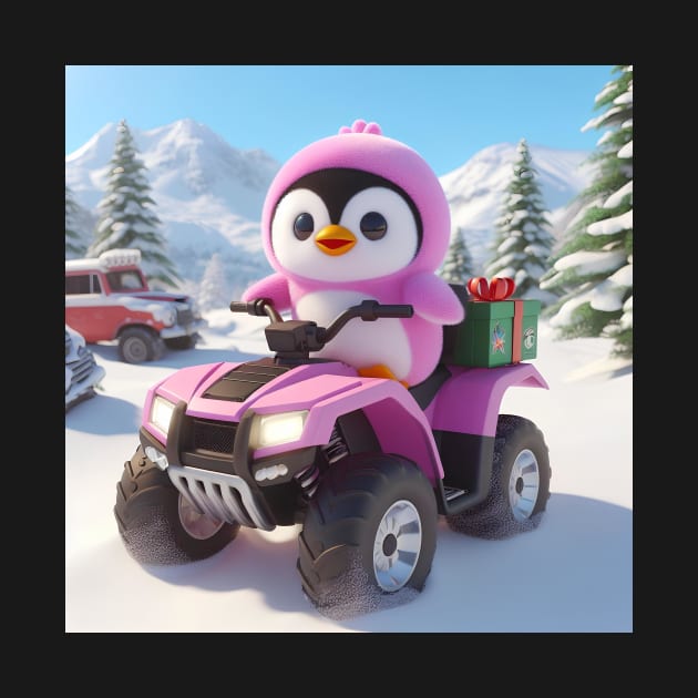 Penguin riding atv through snow by Cynrad