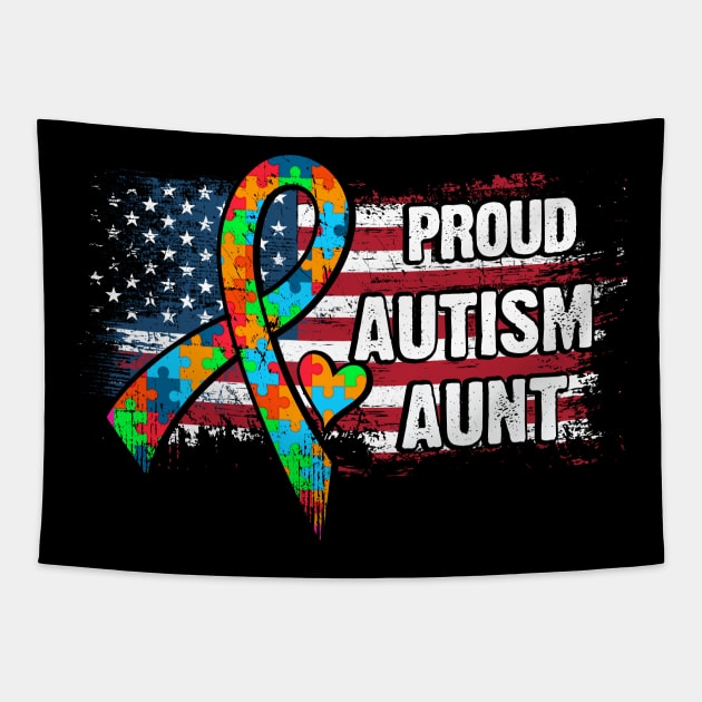 Autism Awareness T-Shirt Pround Autism Aunt Vintage USA Flag Gift Tapestry by Lones Eiless