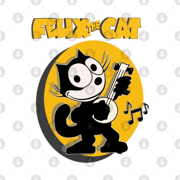 Felix the Cat Plays Banjo Old School Retro Cat Cartoon Art by VogueTime