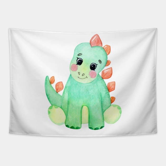 Cute green baby dinosaur Tapestry by DreamLoudArt