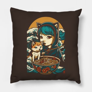 Girl with a Shiba Inu dog friend eats and loves ramen Pillow