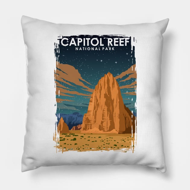 Capitol Reef National Park at Night Vintage Minimal Travel Poster Pillow by jornvanhezik