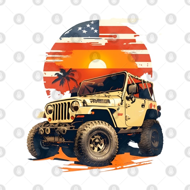 Vintage Summer 4th of July Jeep Beach Sunset Independence Day by 8 Fists of Tees