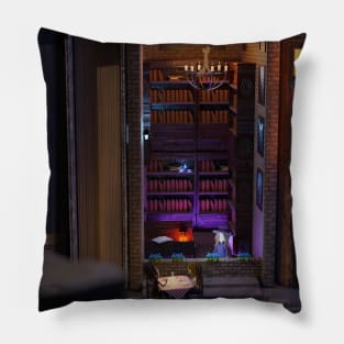 Miniature bookshelf alley - library and cafe Pillow