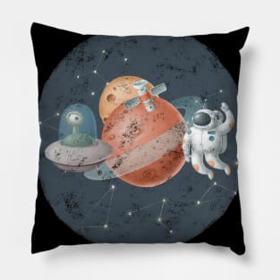 Astronaut meeting with aliens in space. Pillow