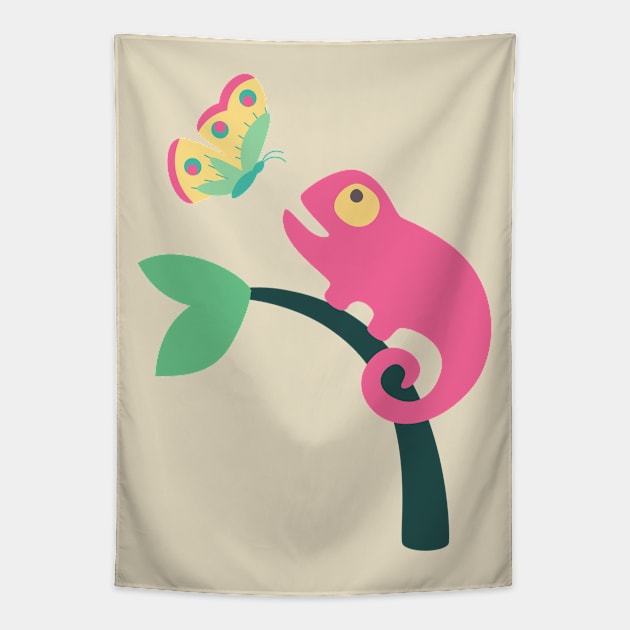 Chameleon with butterfly Tapestry by m-laP