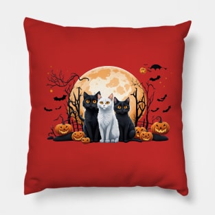 "Harmonious Halloween: Cat Lovers Under the Big Full Moon with Black and White triple cats" Pillow