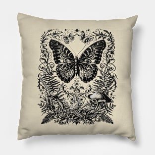 Butterfly Dreamscape: Intricate Woodcut Wonderland Pillow