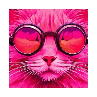 Pink Cat With Glasses Funny Colorful Abstract T-Shirt