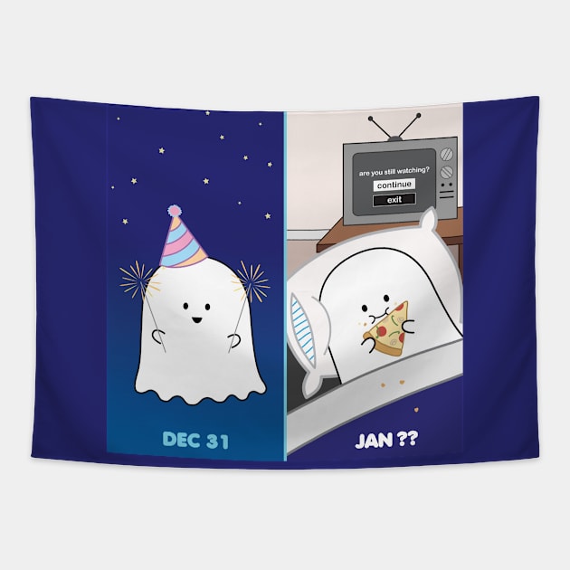 Gordie the Ghost (Dec 31 vs Jan) | by queenie's cards Tapestry by queenie's cards