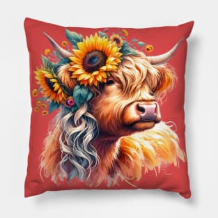 Highland Cow with Sunflower Crown Pillow