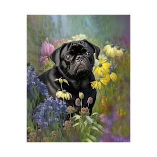 Black Pug Dog in Flower Garden T-Shirt